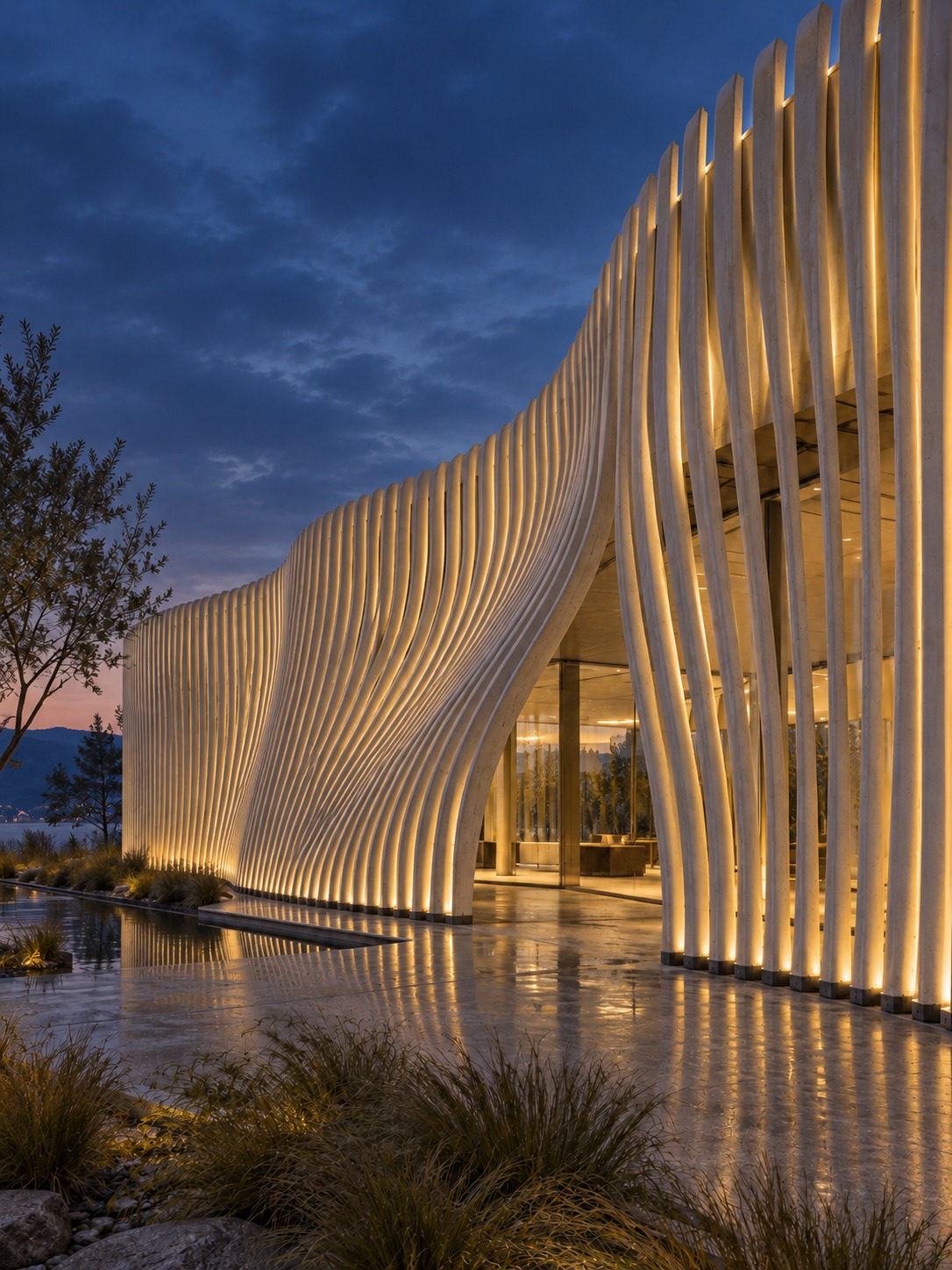 Warm light between curved pavilion slats at blue hour