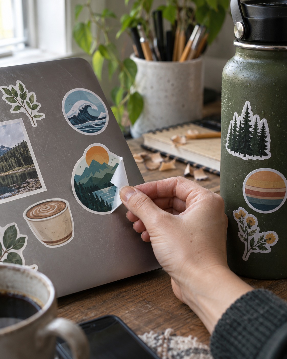 Laminated Vinyl Stickers on a Laptop and Bottle Hand peeling a split-back laminated vinyl sticker beside a laptop and reusable bottle | Sky Rye Design Hand peeling a split-back laminated vinyl sticker beside a laptop and reusable bottle