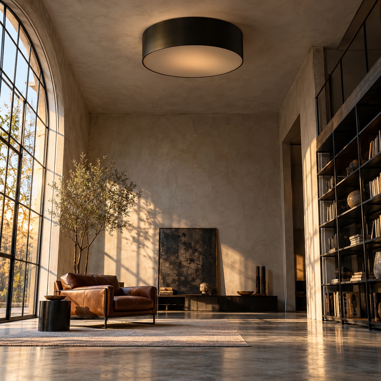 Large black flush mount light in a high-ceiling loft An oversized black drum flush mount light balances the height of a modern loft. | Sky Rye Design An oversized black drum flush mount light balances the height of a modern loft.