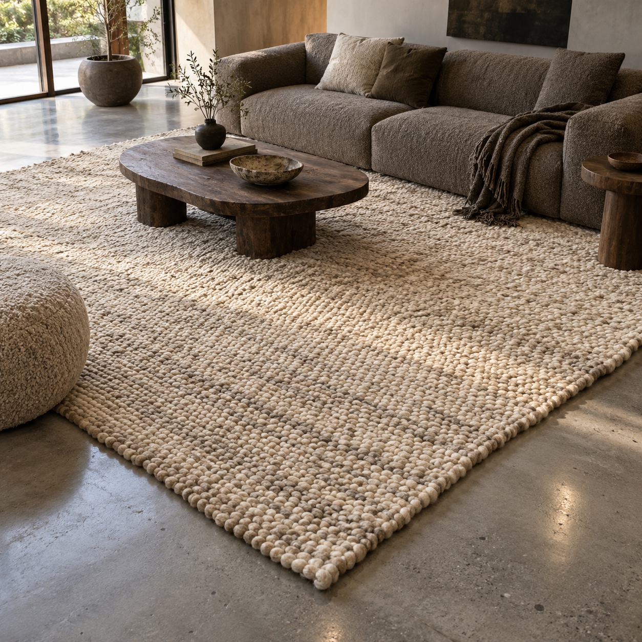 Large undyed hand-knotted wool rug anchoring a low seating group on a concrete floor