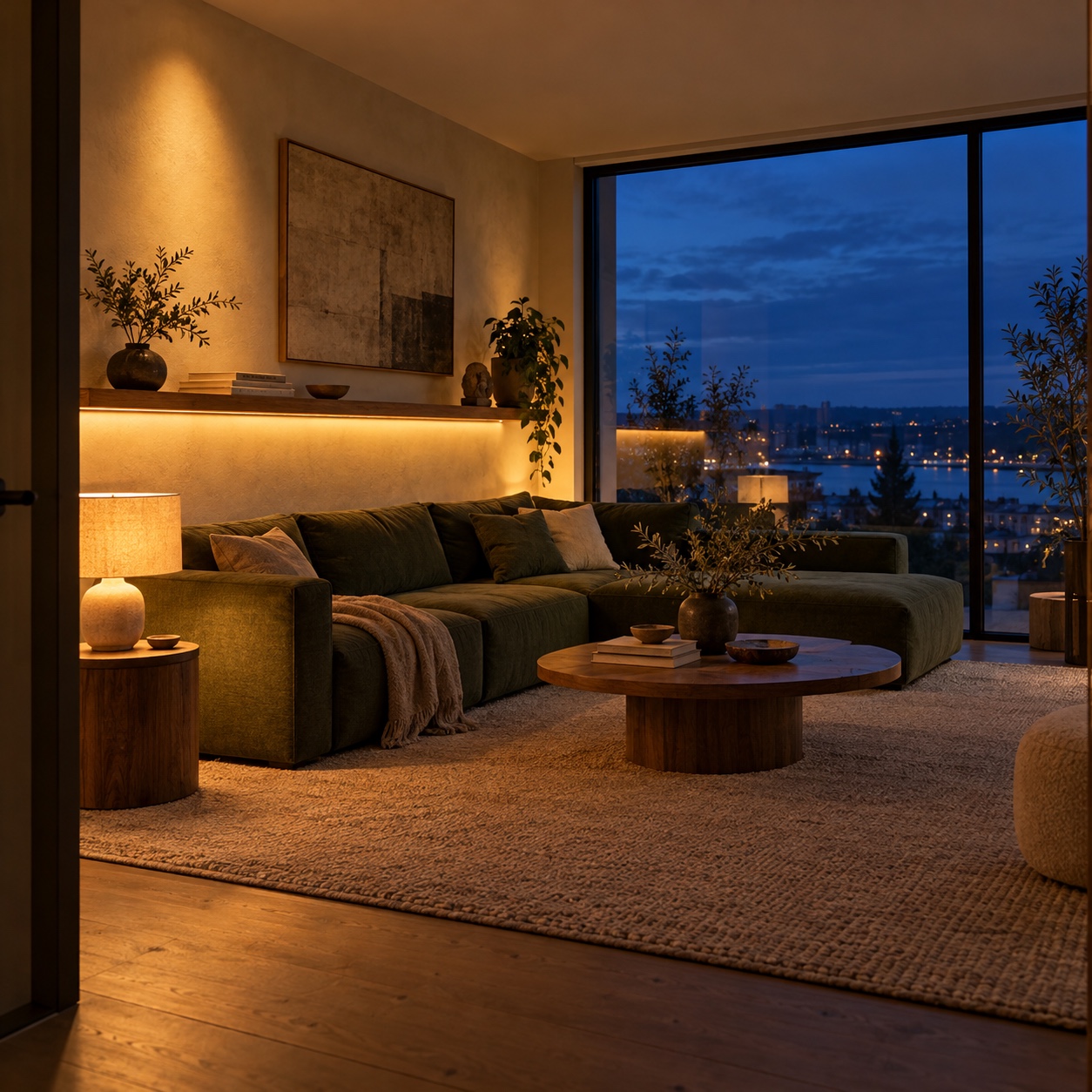 Modern lounge at blue hour lit by a wall wash, concealed shelf light and table lamp