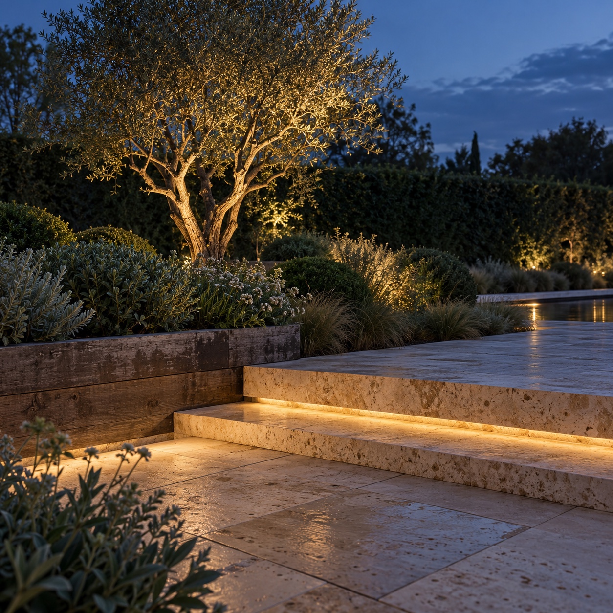 Layered garden lighting with a terrace, focal tree and dark boundary