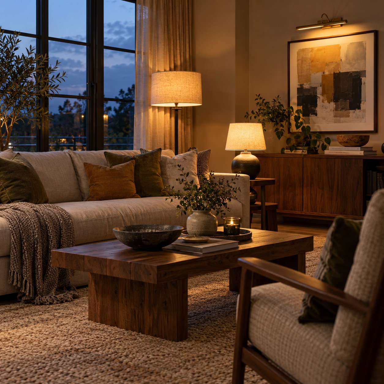 Living room at dusk with floor, table, and picture lights at varied heights