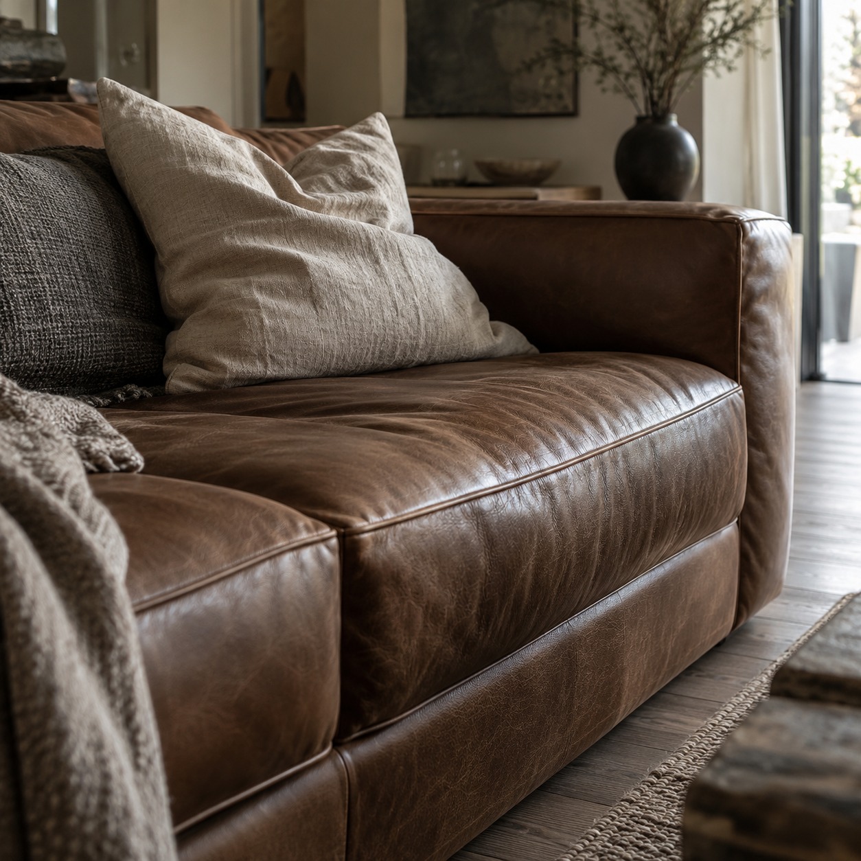 Close view of a deep leather sofa cushion showing seat depth and support
