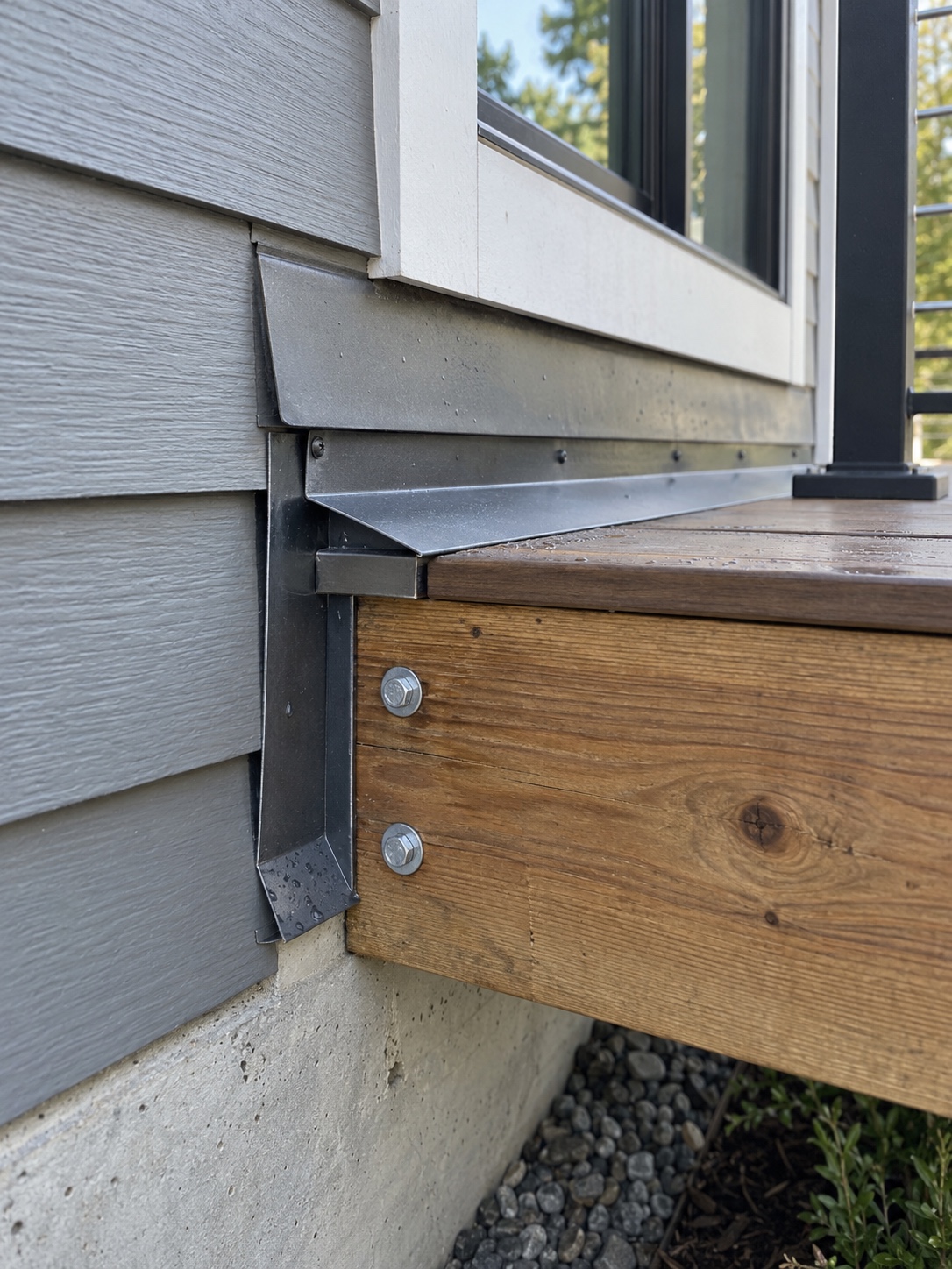Deck Ledger Board Flashing Detail Metal flashing protecting a deck ledger where it meets the house | Sky Rye Design Metal flashing protecting a deck ledger where it meets the house