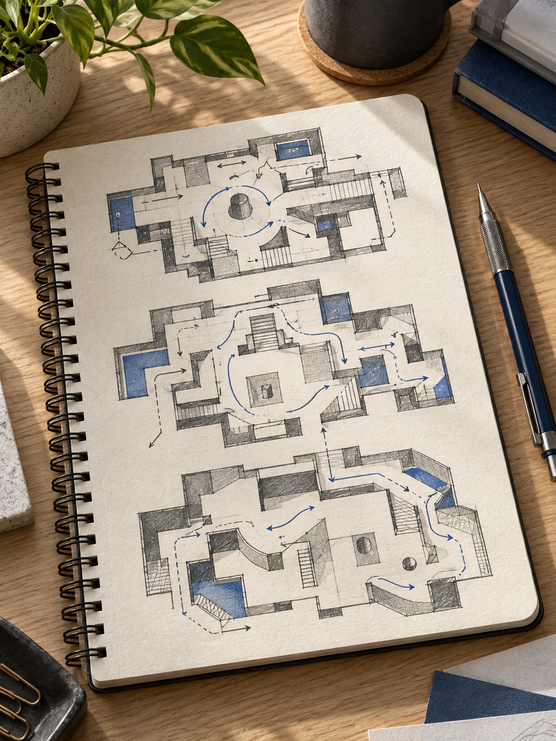 Spiral notebook with a hand-drawn tactical floor plan and pencil arrows