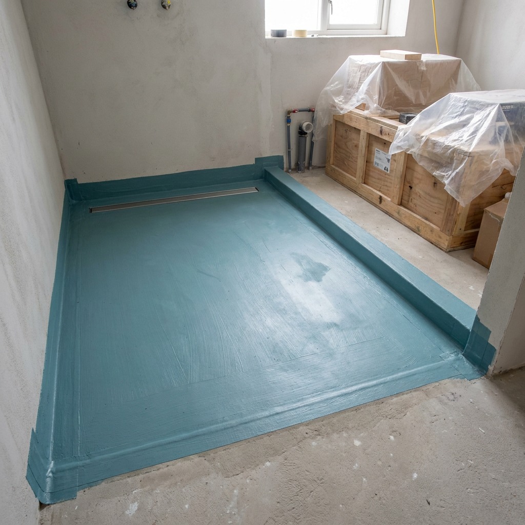 Waterproofing Before the Tiles Go Down Walk-in shower area before tiling, with a continuous waterproof membrane, overlapping corner laps, sloped screed and a linear drain channel set at a level threshold | Sky Rye Design Walk-in shower area before tiling, with a continuous waterproof membrane, overlapping corner laps, sloped screed and a linear drain channel set at a level threshold