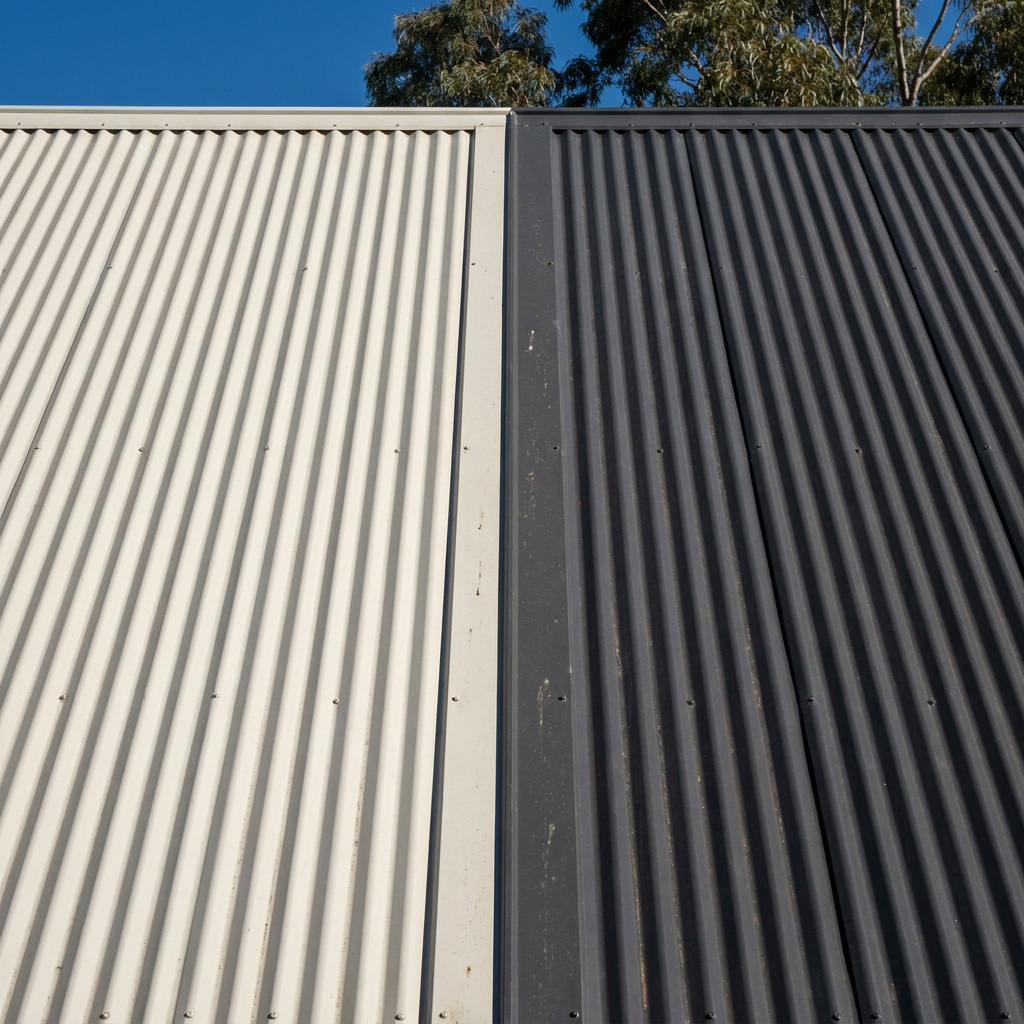 Two adjoining roofs in sunlight, one pale metal and one dark charcoal