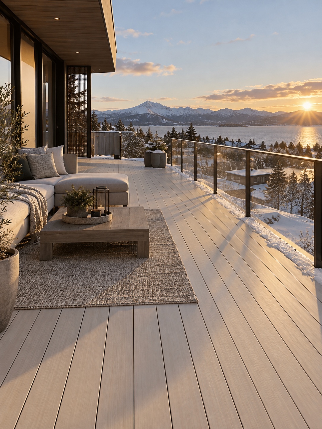 Light PVC Deck in Winter Light-toned PVC deck with glass railing in winter light | Sky Rye Design Light-toned PVC deck with glass railing in winter light