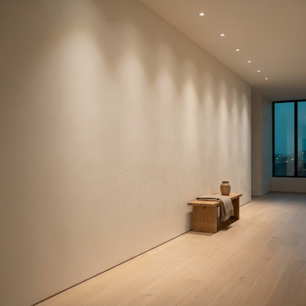 Lighting Setting-Out and the Grazed Wall Recessed ceiling lights precisely aligned along a smooth plaster wall, washing it with soft even light that reveals a flawless finish | Sky Rye Design Recessed ceiling lights precisely aligned along a smooth plaster wall, washing it with soft even light that reveals a flawless finish