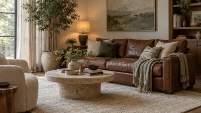 Balanced living room interior with leather seating, linen curtains, bookcases, and a tall plant