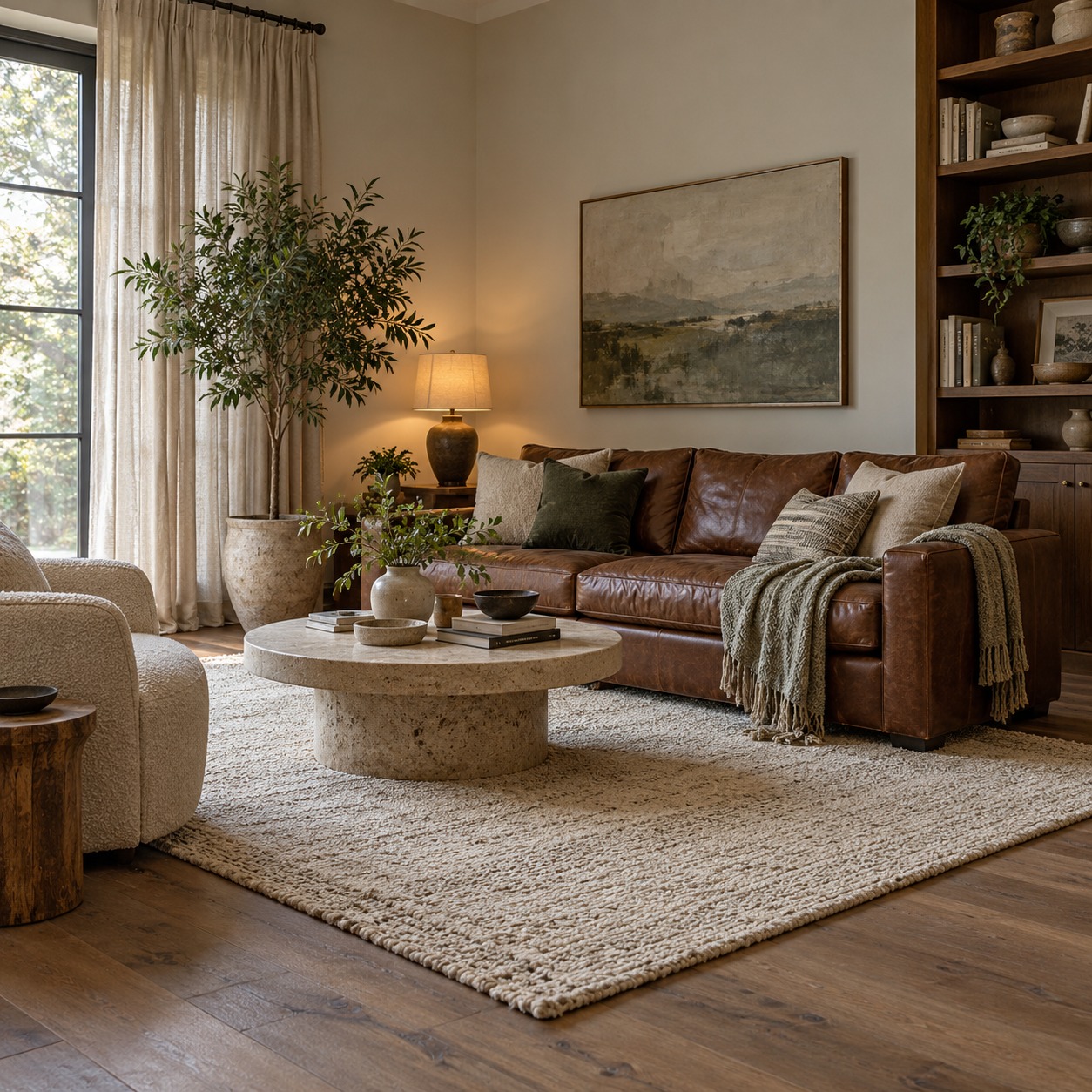 Balanced living room interior with leather seating, linen curtains, bookcases, and a tall plant