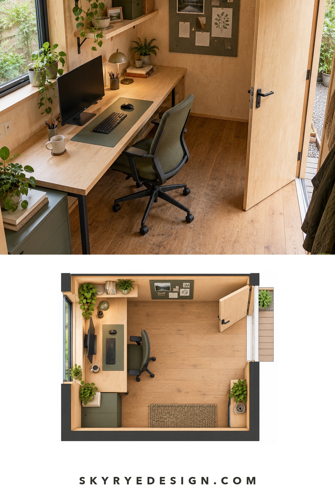 Photo and top-down floor plan of a long narrow garden office with wall storage and an inward-opening door