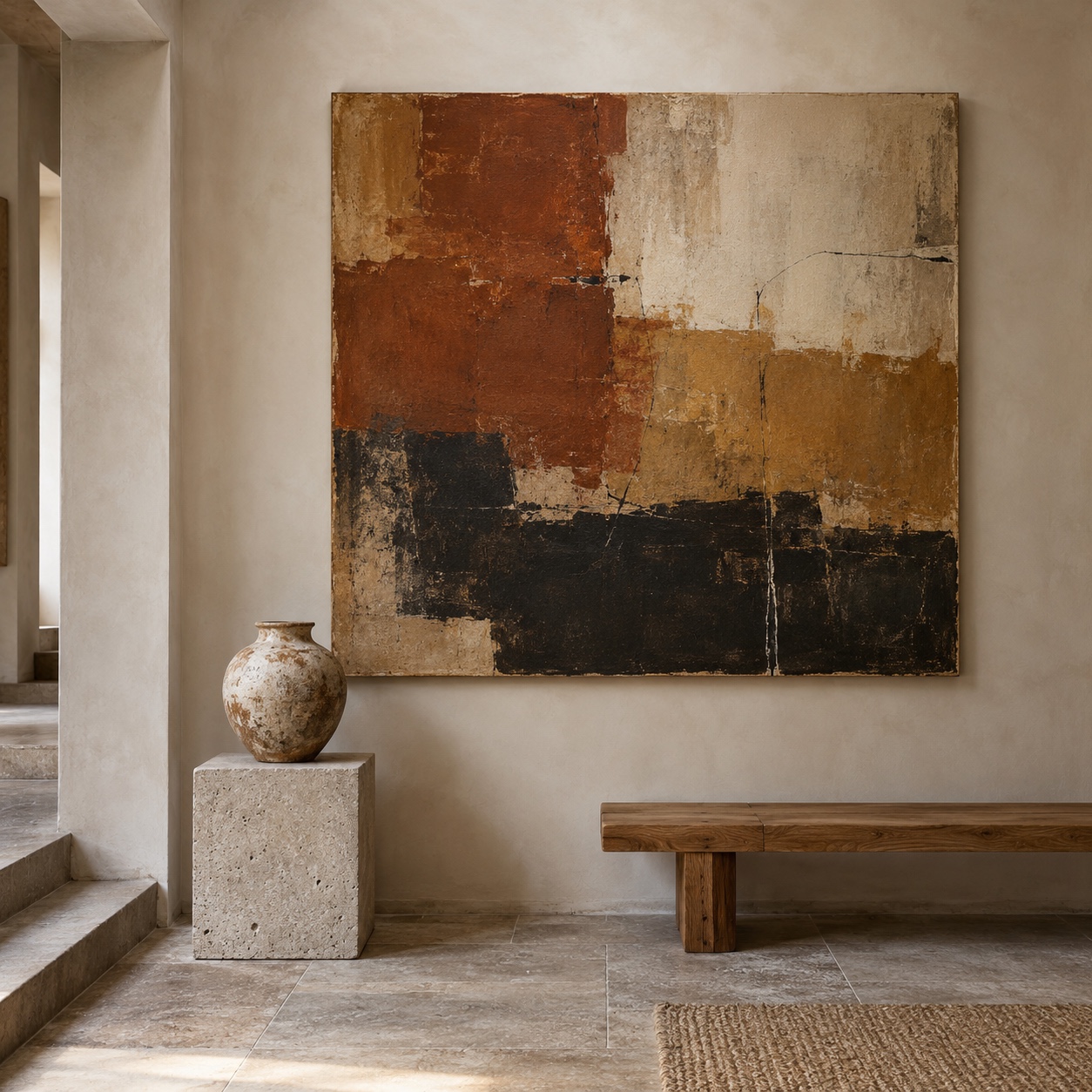 Large original abstract artwork above a stone plinth holding one vintage ceramic vessel