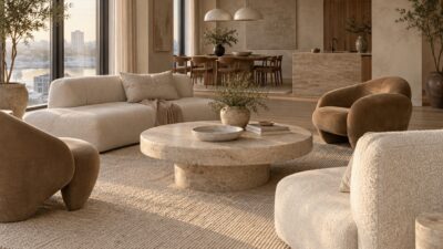 Low modular seating and two lounge chairs arranged for conversation around a stone coffee table