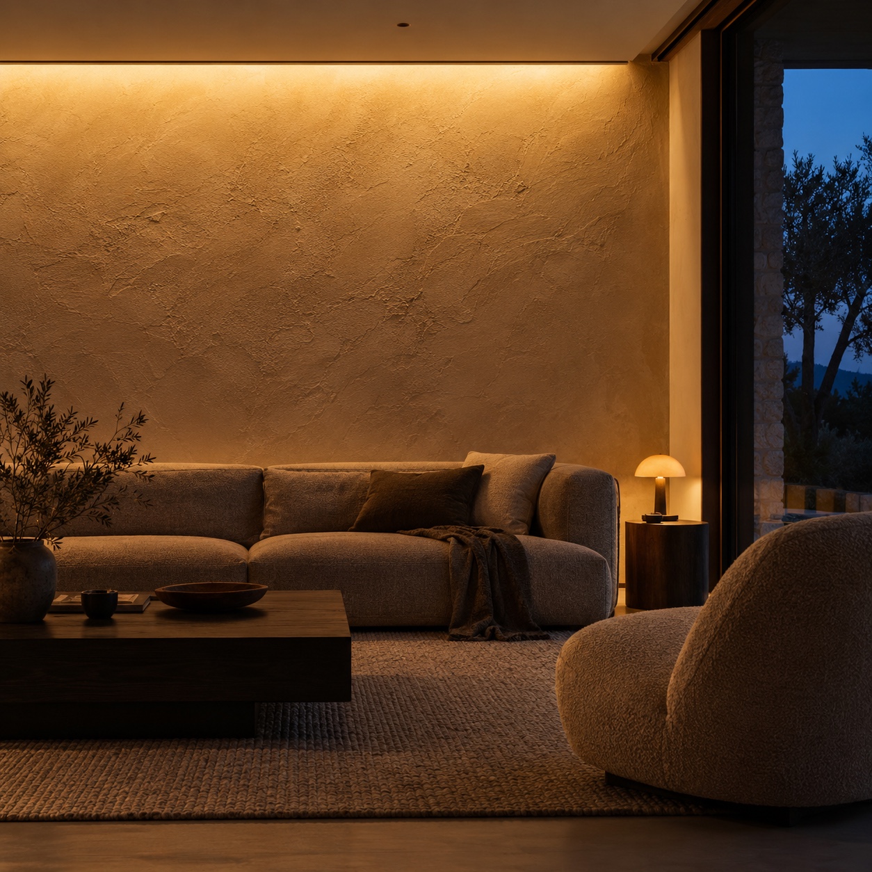 Warm concealed wall washer grazing a textured plaster wall above low lounge seating