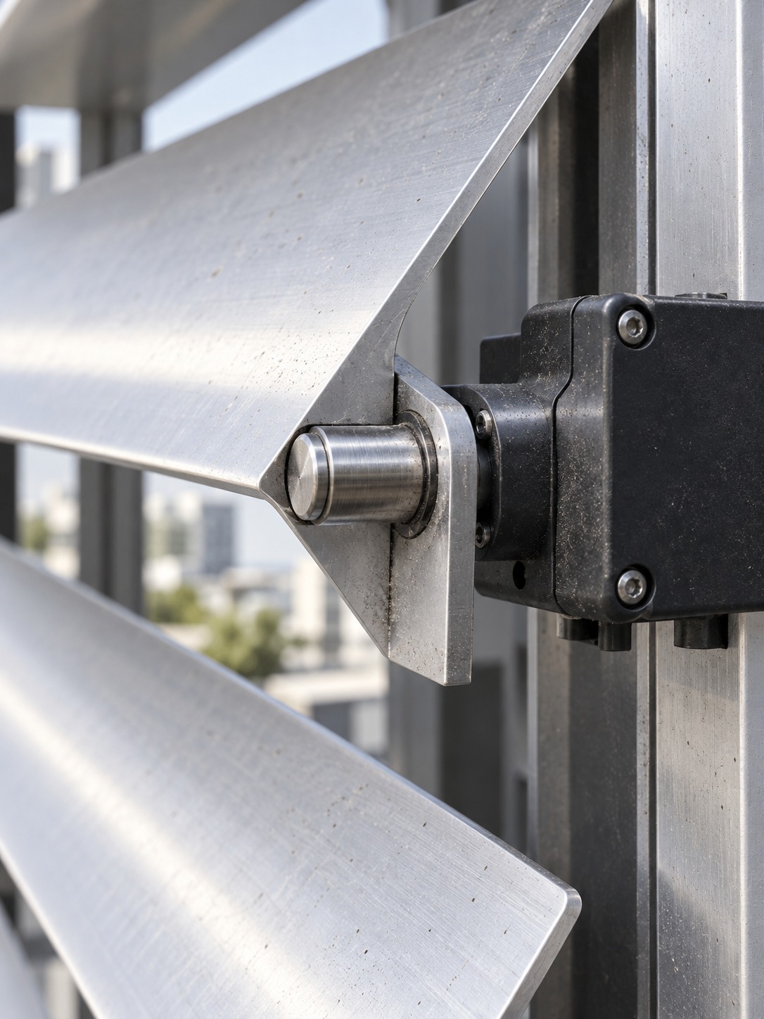 Metal louver pivot beside a compact actuator housing