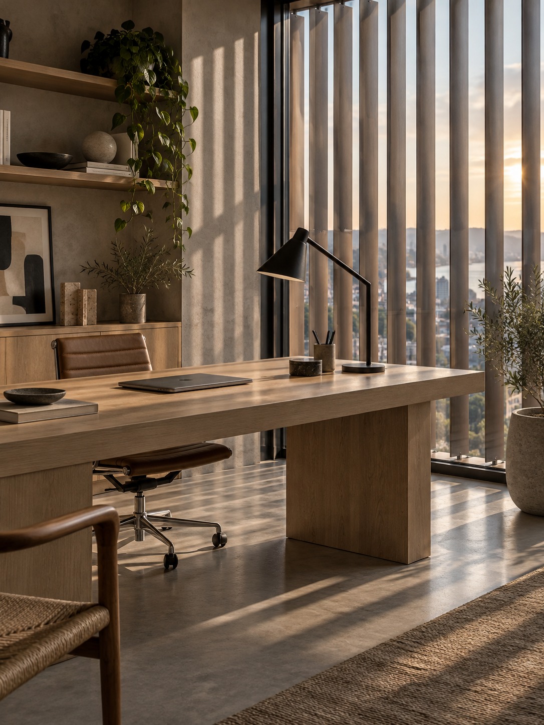 Afternoon light filtered through louvers onto an oak desk and pale floor