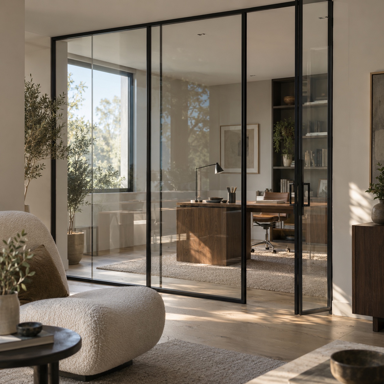 Slim black-framed low-iron glass partition separating a modern lounge from a small study