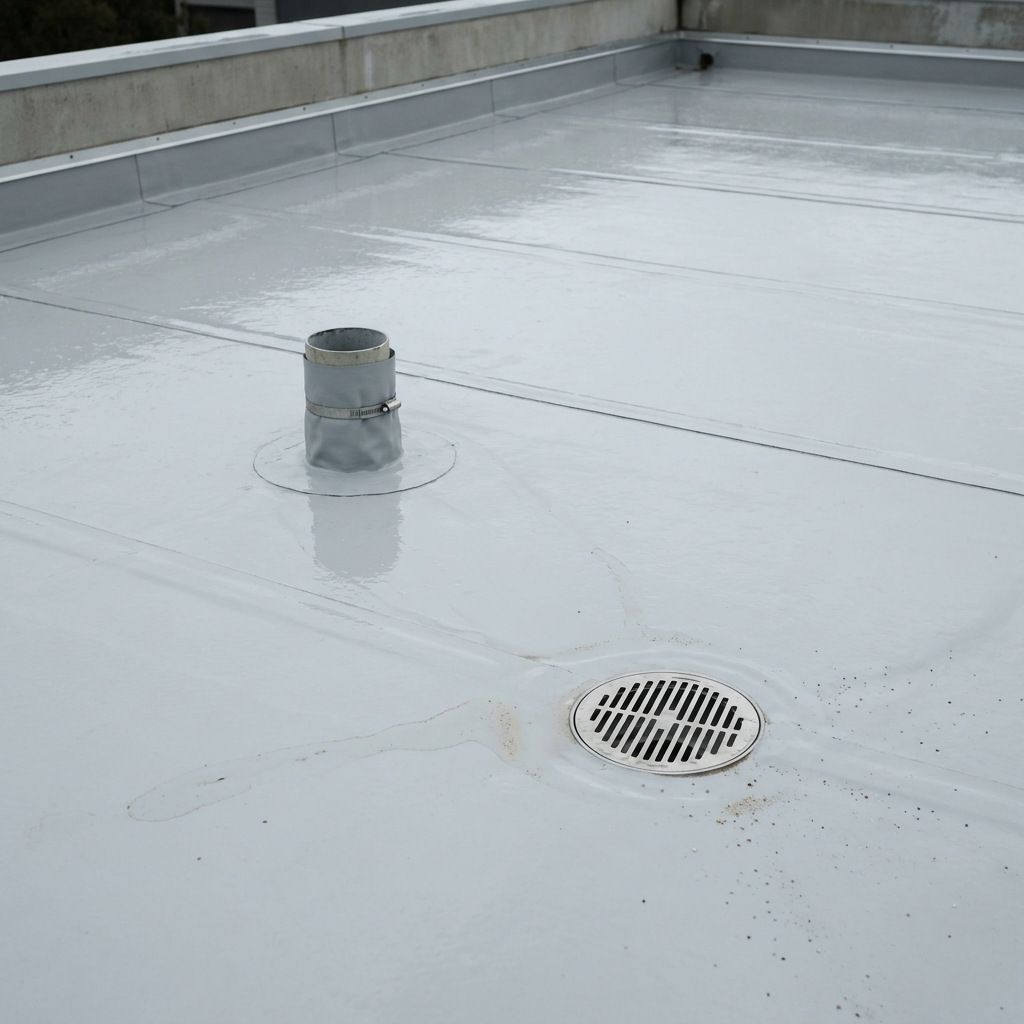 Low-slope membrane roof with a sealed penetration and fall toward a drainage outlet
