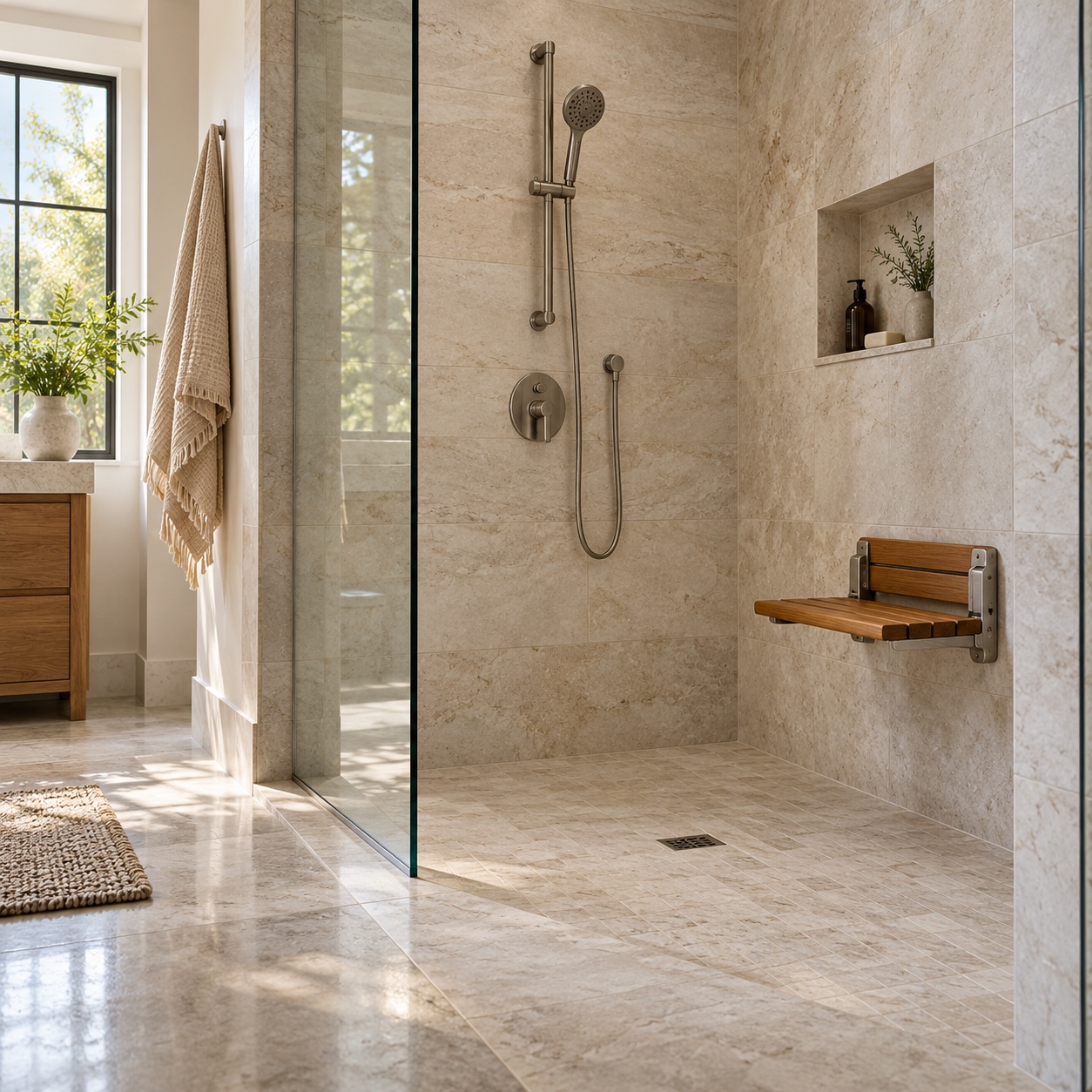 Low-threshold pale stone shower with a fold-down teak seat and handheld showerhead