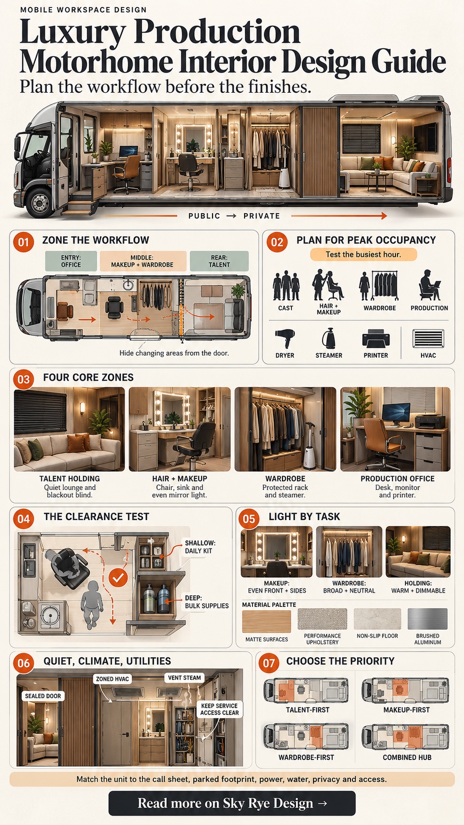 Luxury production motorhome interior design infographic covering zoning, core work areas, clearance, lighting, utilities, and layout priorities