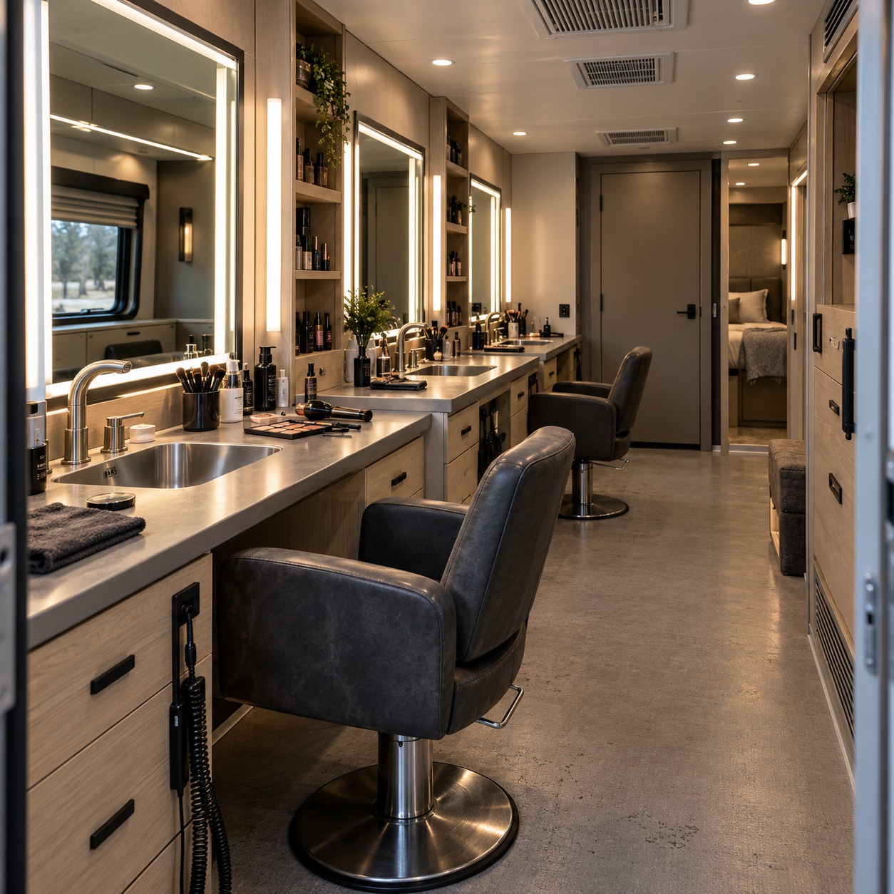 Makeup-first production motorhome with three stations, sinks, ventilation, and a private rest area