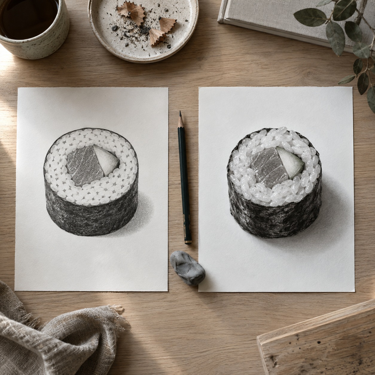 Two maki drawings comparing dotted rice and a round ellipse with clustered rice and correct perspective