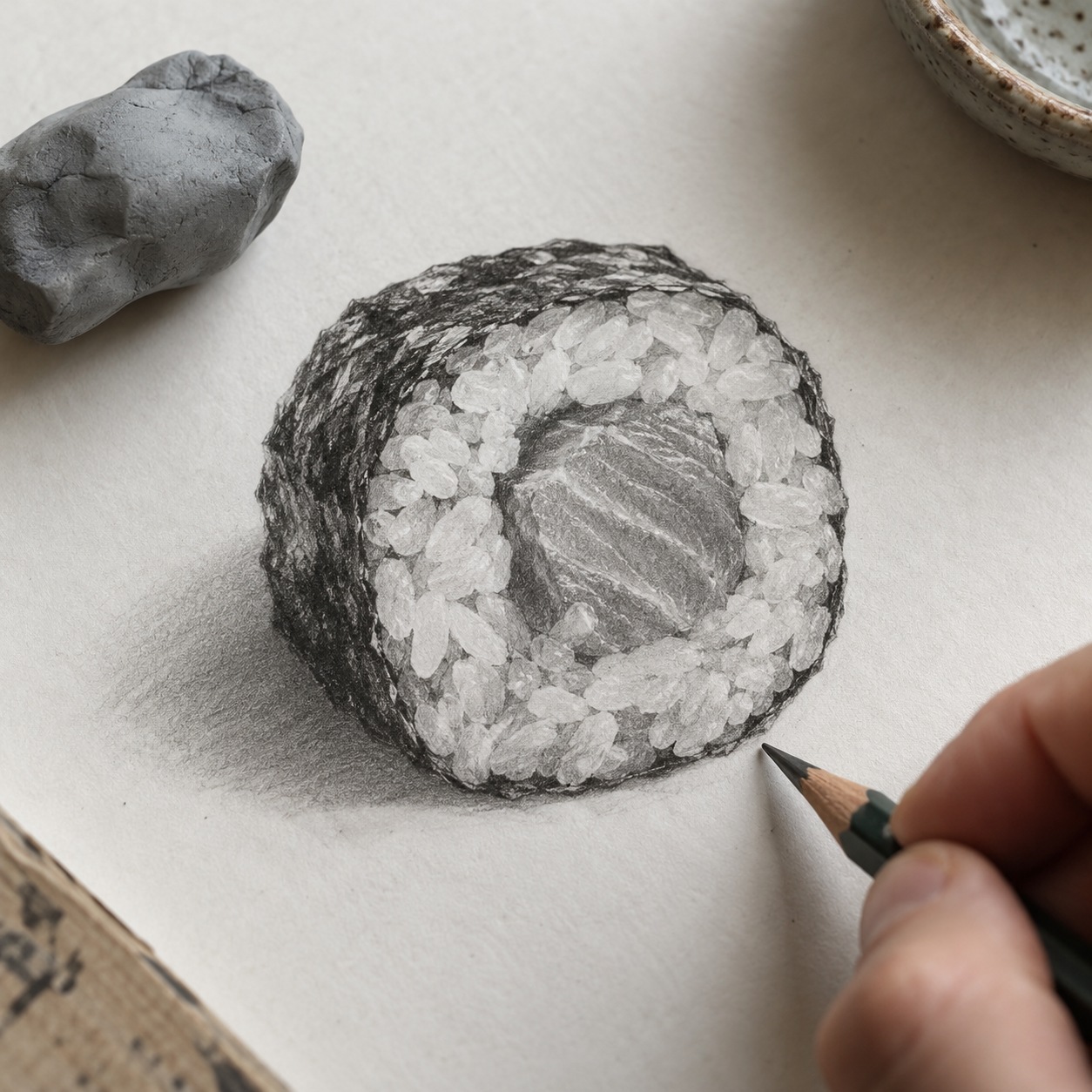 Close-up pencil drawing of clustered rice, an uneven nori band and off-center salmon filling