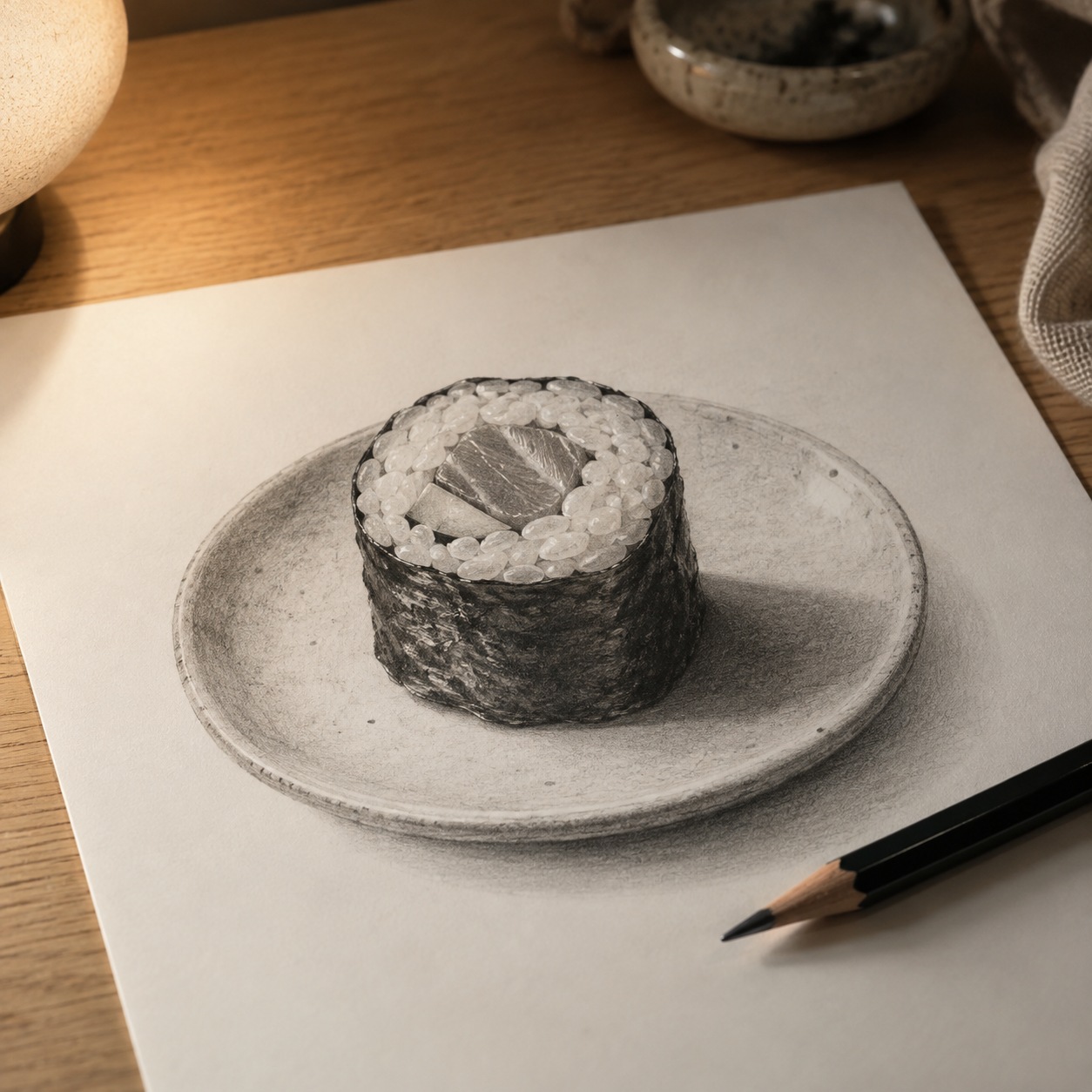 Graphite maki drawing with a core shadow, cast shadow and lifted highlight