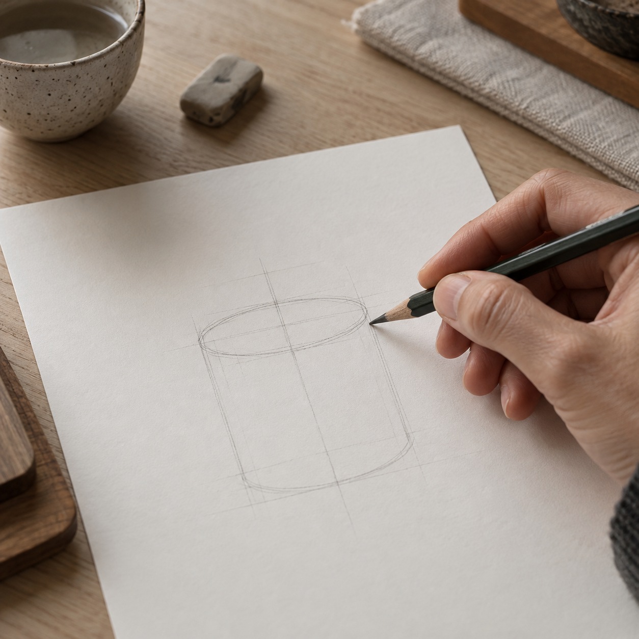 Hand drawing the axis, cylinder and shallow ellipse of a maki roll in light graphite