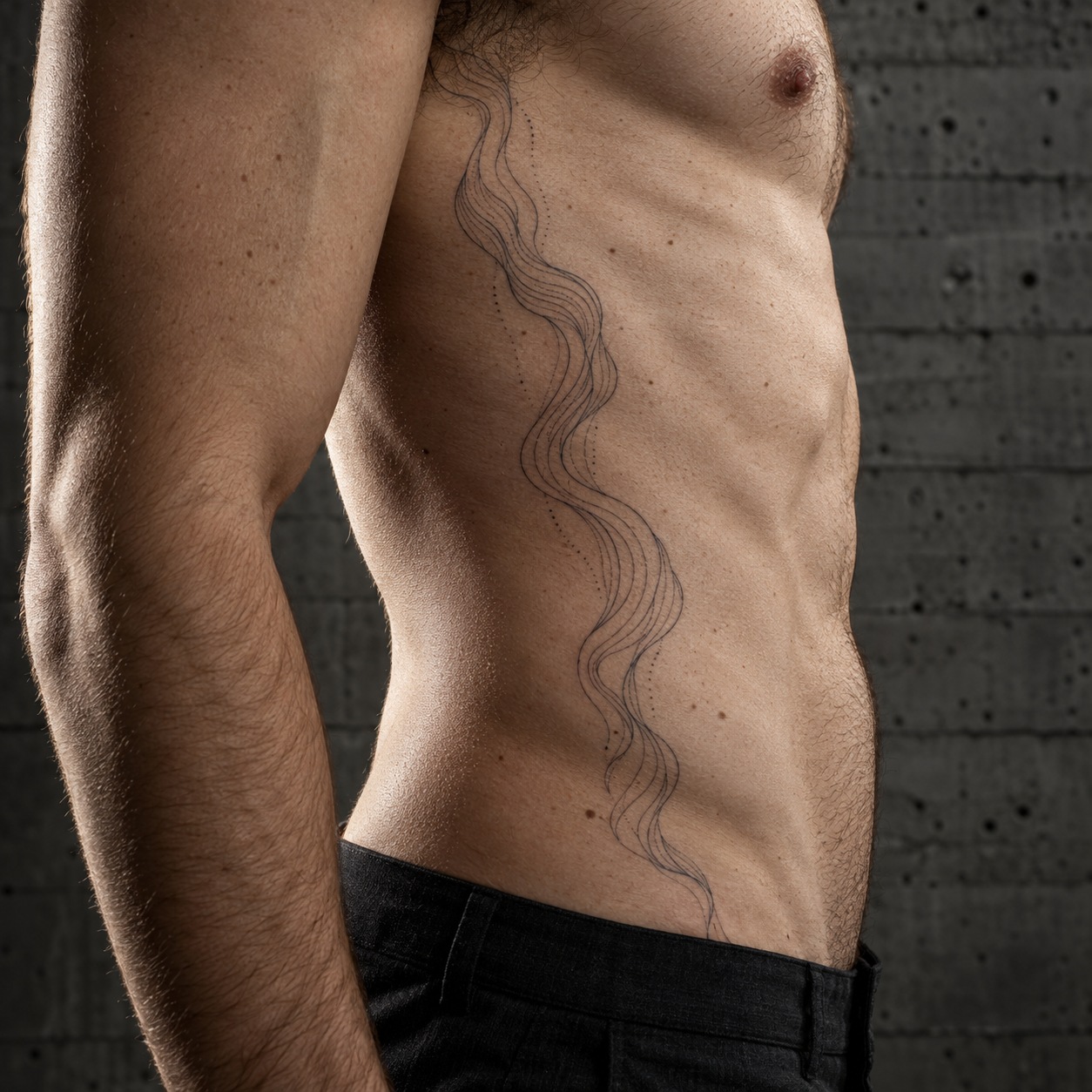 Vertical wave tattoo along the side of a man’s ribs