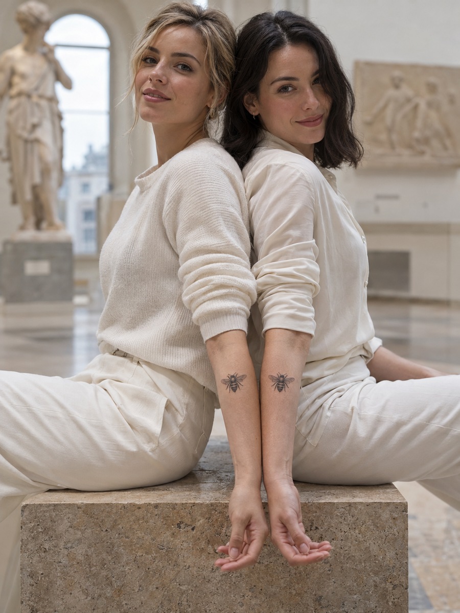 Matching mirrored fine-line bee tattoos on two forearms