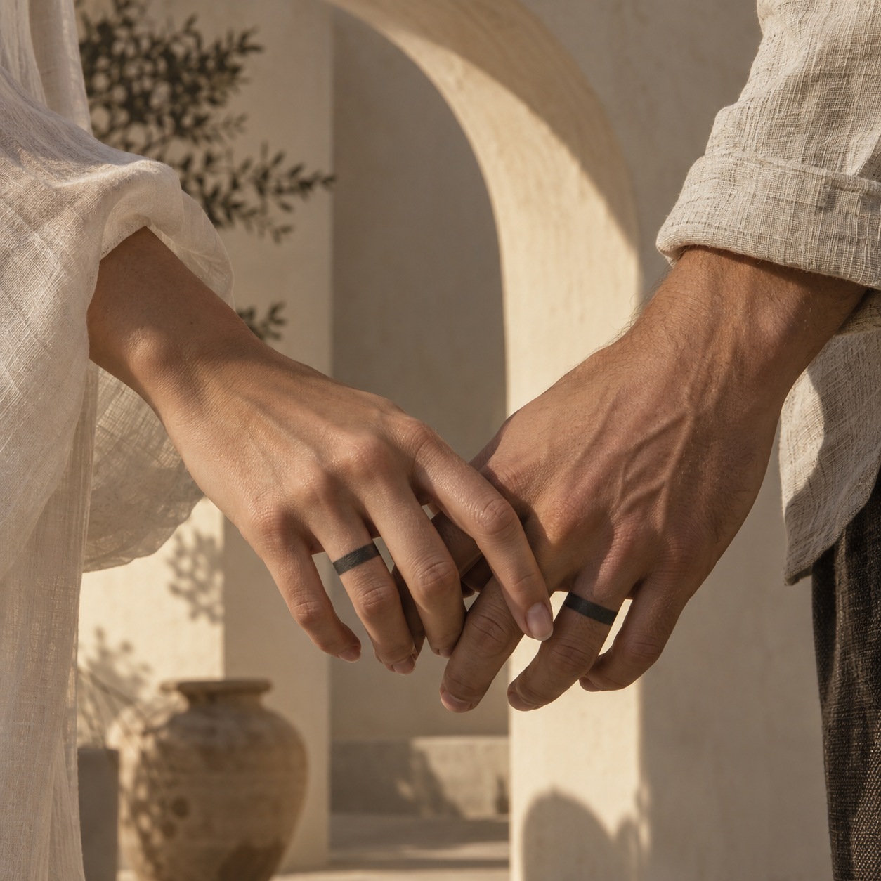 Interlaced hands with identical bold black wedding band tattoos