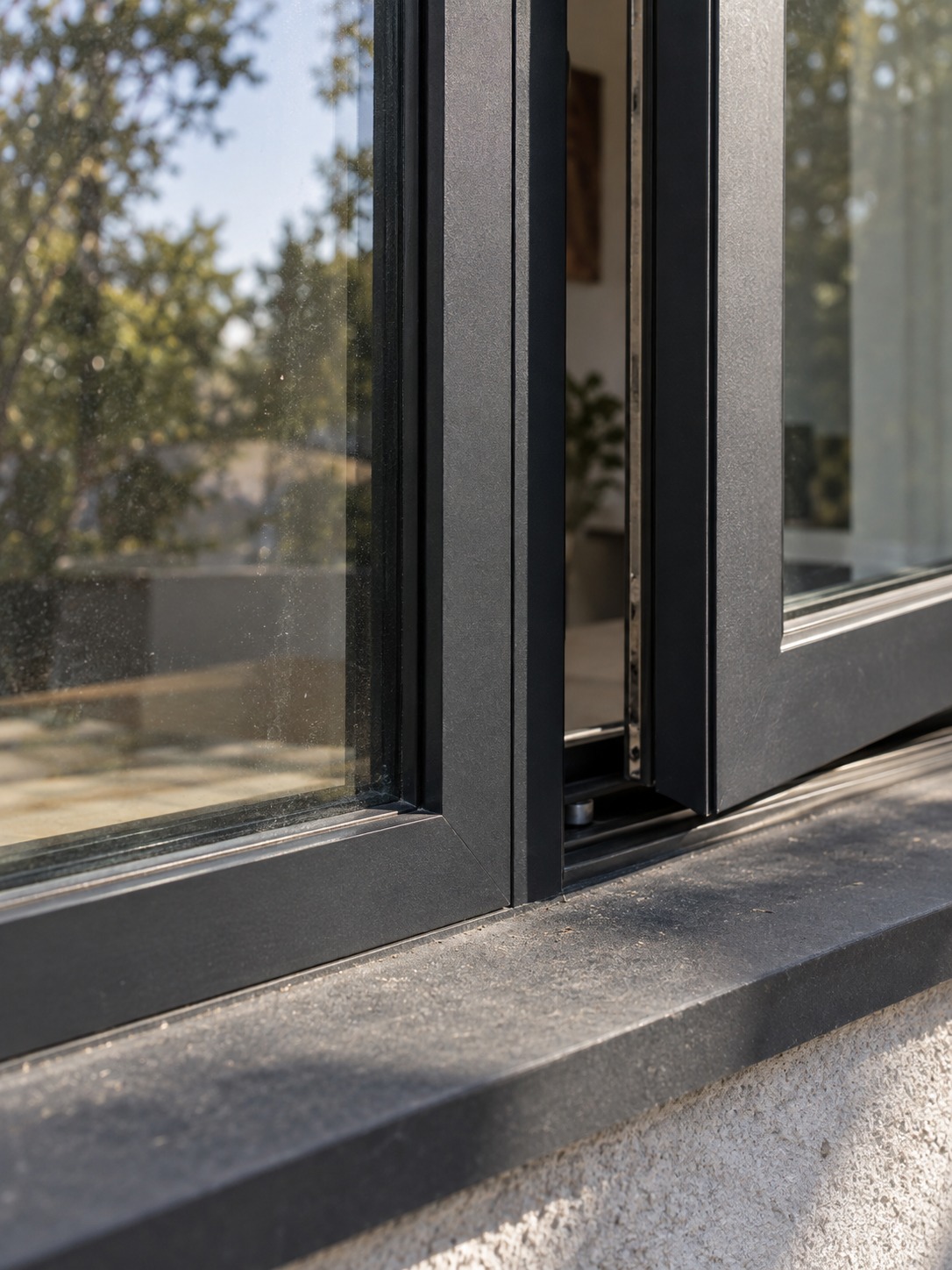 Matching fixed casement frame detail Matching black profiles at the junction of a fixed pane and an open casement | Sky Rye Design Matching black profiles at the junction of a fixed pane and an open casement