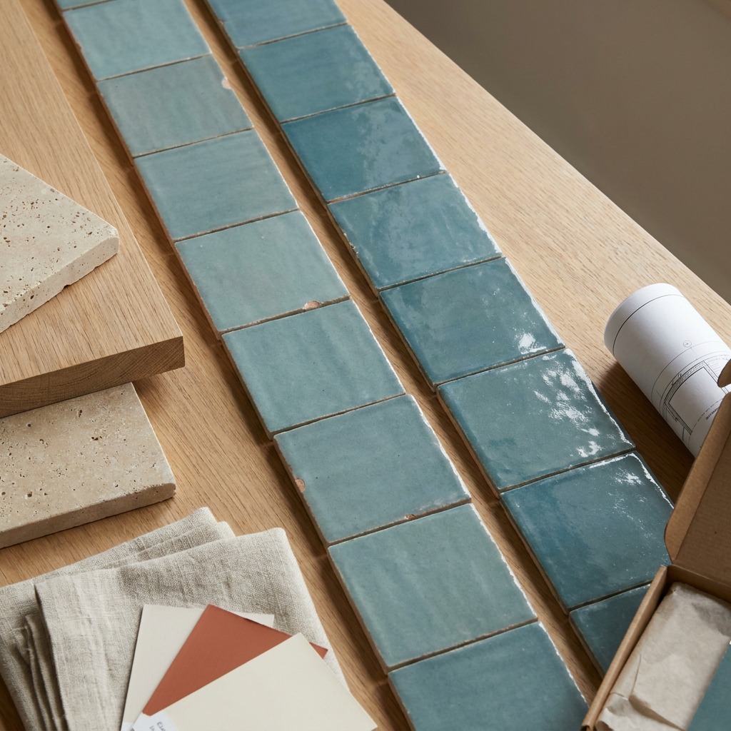 Samples Batches and Approved Finishes Close view of approved material samples on a table, with tile pieces from two production batches compared side by side next to oak, stone and paint swatches | Sky Rye Design Close view of approved material samples on a table, with tile pieces from two production batches compared side by side next to oak, stone and paint swatches