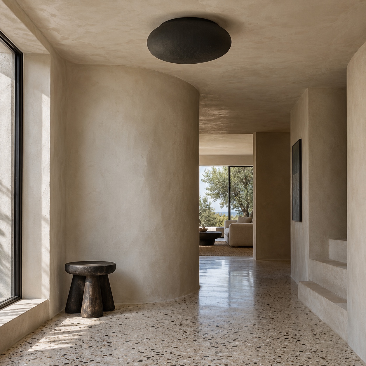 Matte black dome light in a plaster interior A matte black dome flush mount sits against hand-troweled pale plaster. | Sky Rye Design A matte black dome flush mount sits against hand-troweled pale plaster.