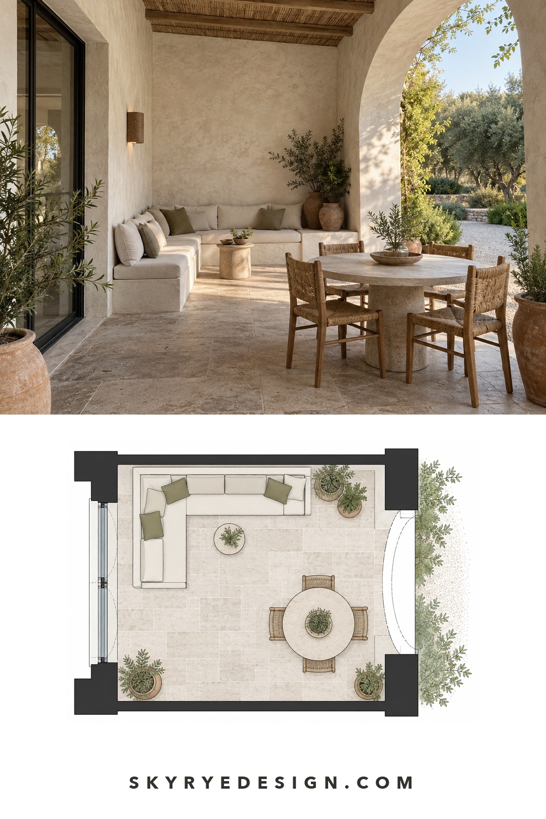 Mediterranean loggia photograph paired with a top-down plan showing the built-in sofa, dining table, arched opening, glazing, and planters