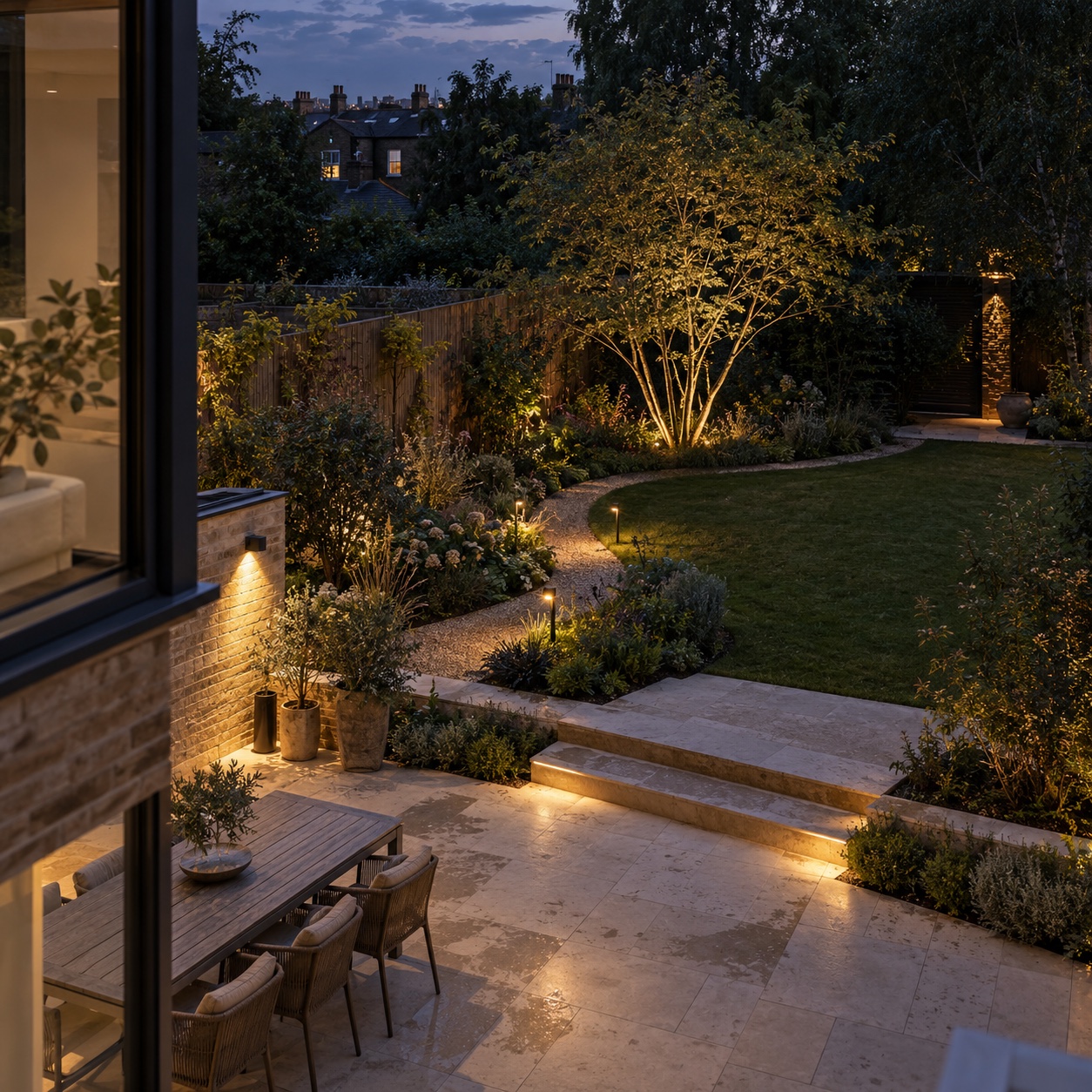 Medium residential garden with path, terrace and tree lighting at dusk