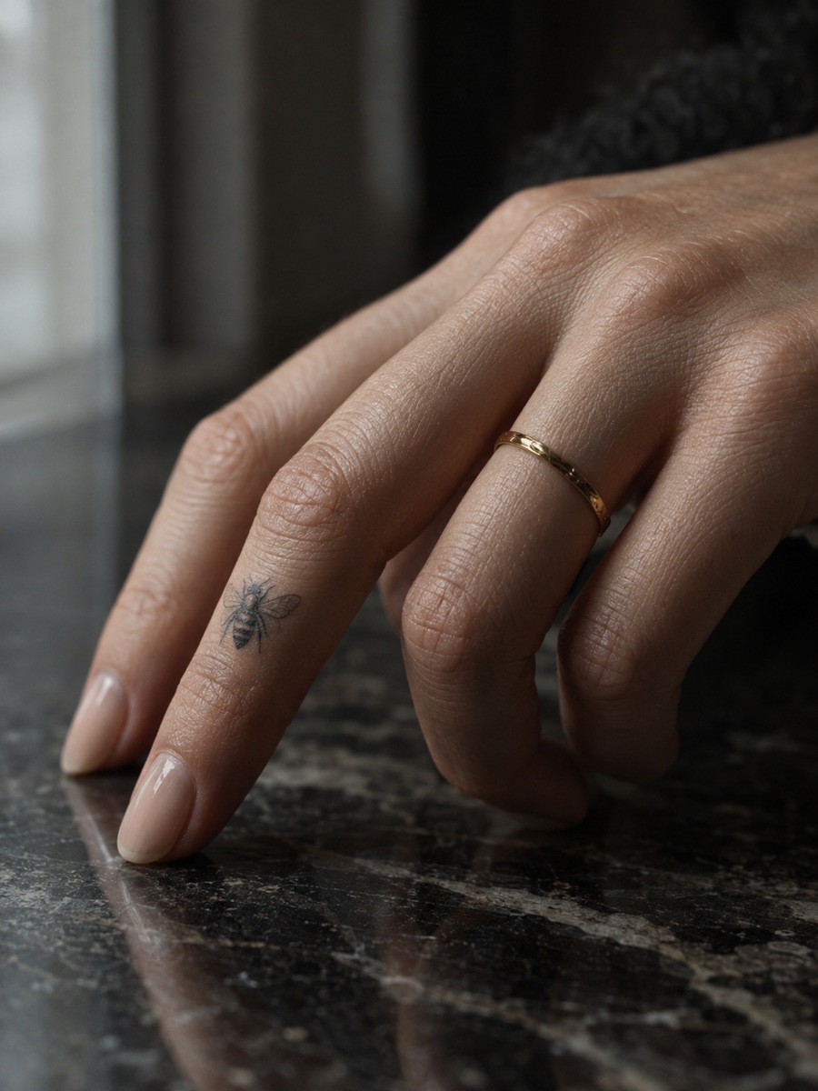Micro single-line bee tattoo on the side of the index finger