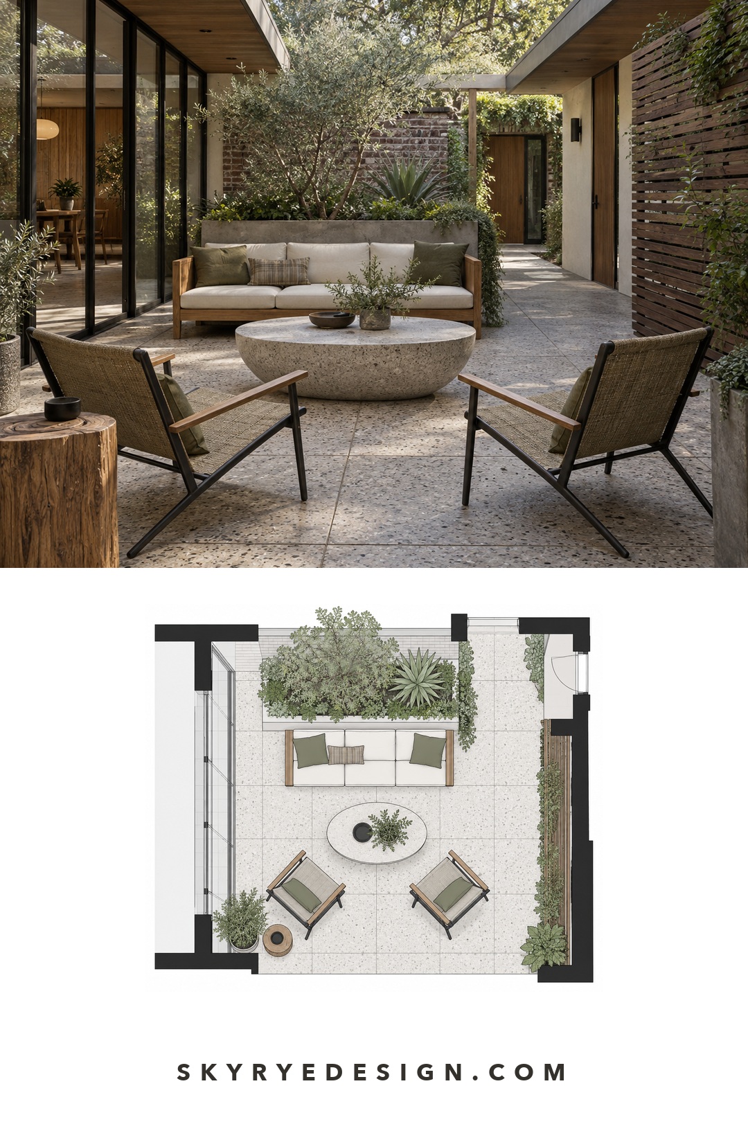 Mid-century modern breezeway photograph paired with a top-down plan showing the sofa, two chairs, oval table, glazing, privacy screen, and side passage