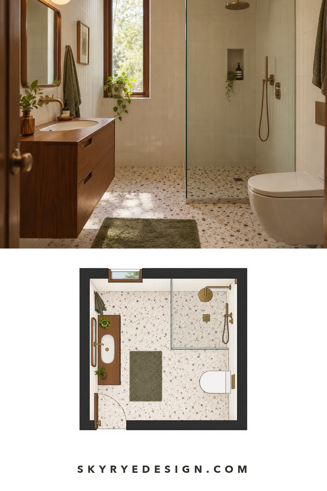 Mid Century Modern Bathroom Interior Plan Mid-century modern bathroom photograph paired with a top-down floor plan showing the teak vanity, shower, toilet, and entry | Sky Rye Design Mid-century modern bathroom photograph paired with a top-down floor plan showing the teak vanity, shower, toilet, and entry