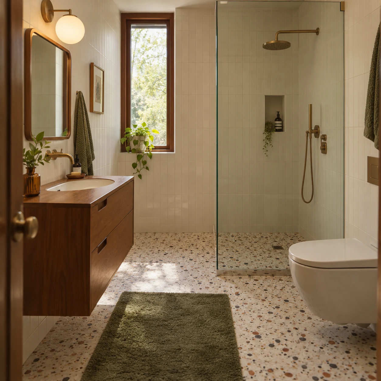 Mid Century Modern Bathroom Interior Mid-century modern bathroom with teak vanity, terrazzo floor, glass shower, and wall-hung toilet | Sky Rye Design Mid-century modern bathroom with teak vanity, terrazzo floor, glass shower, and wall-hung toilet