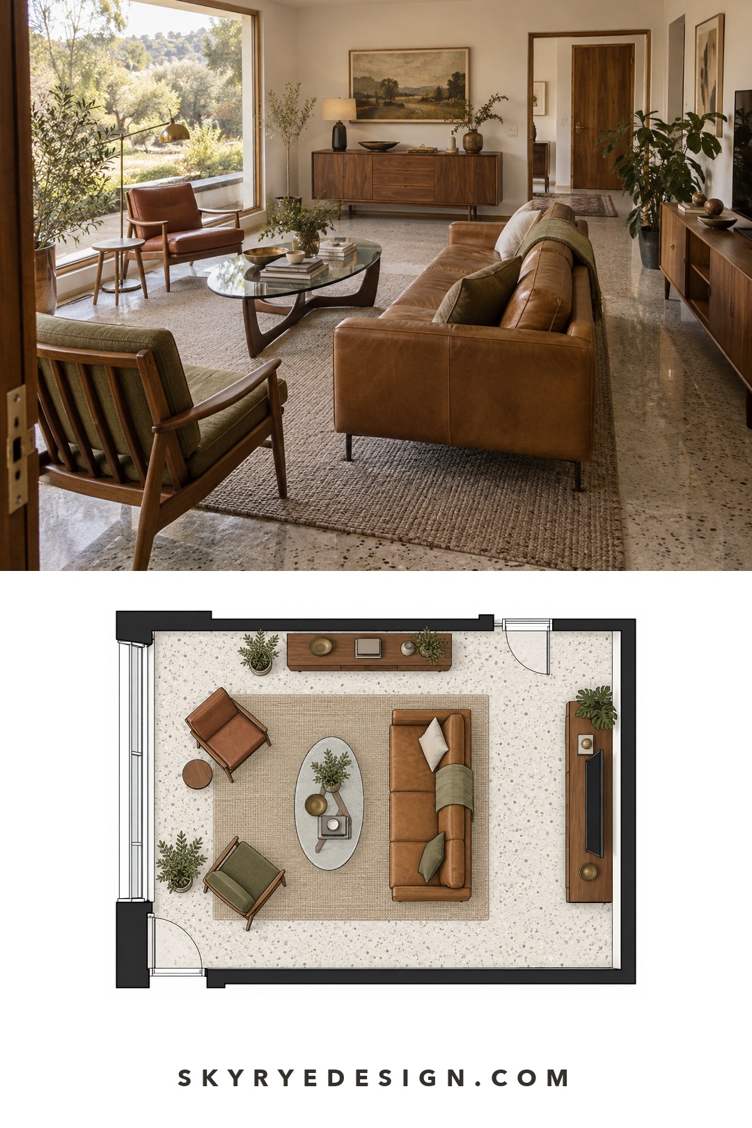 Mid-century modern living room photo paired with a top-down furniture plan