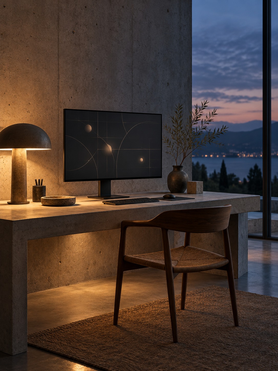 Minimal desk setup with one monitor and lamp in a concrete room