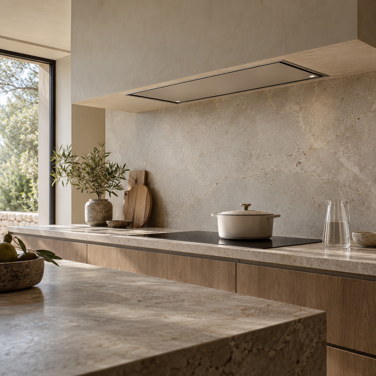 Minimal kitchen integrated extractor Minimal stone kitchen with an integrated extractor above a lidded pot. | Sky Rye Design Minimal stone kitchen with an integrated extractor above a lidded pot.