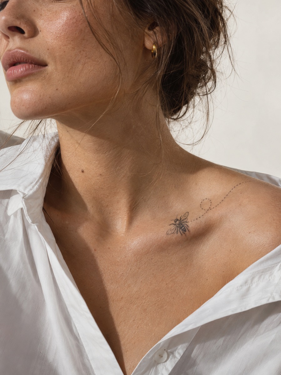 Minimalist bee tattoo with a dotted flight trail along the collarbone