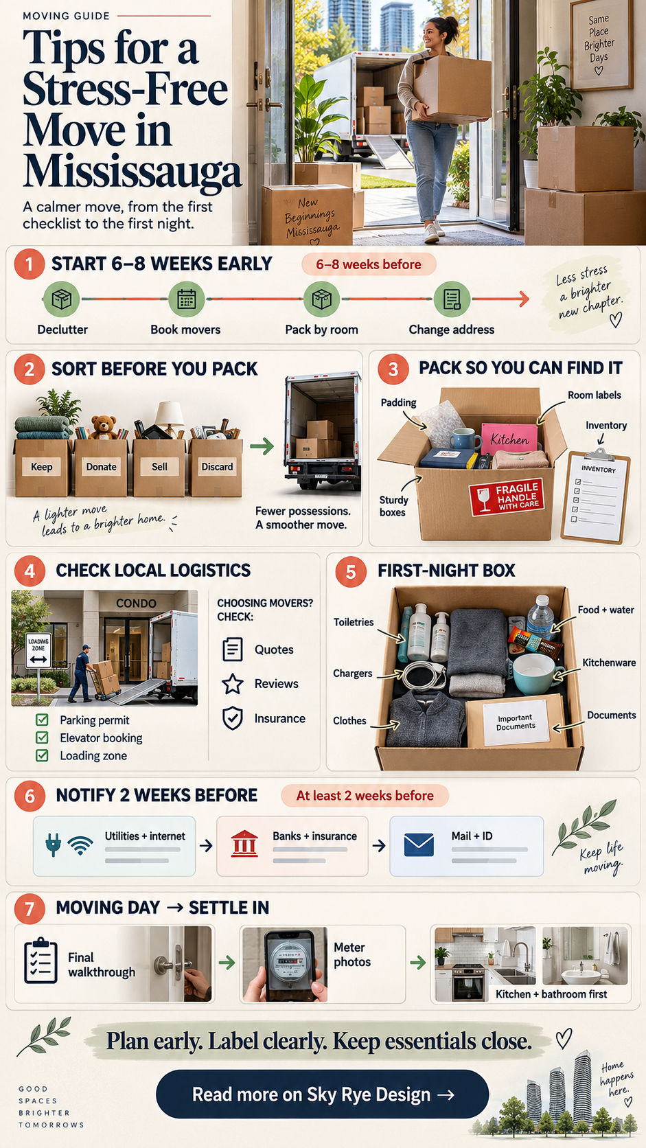 Tips for a Stress-Free Move in Mississauga Infographic Infographic summarizing a stress-free move in Mississauga: timeline, decluttering, packing, local logistics, essentials, address updates, and moving day. | Sky Rye Design Infographic summarizing a stress-free move in Mississauga: timeline, decluttering, packing, local logistics, essentials, address updates, and moving day.