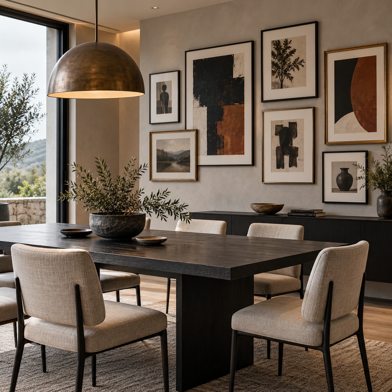 Asymmetrical gallery wall mixing wood, black metal and aged brass frames in a modern dining room