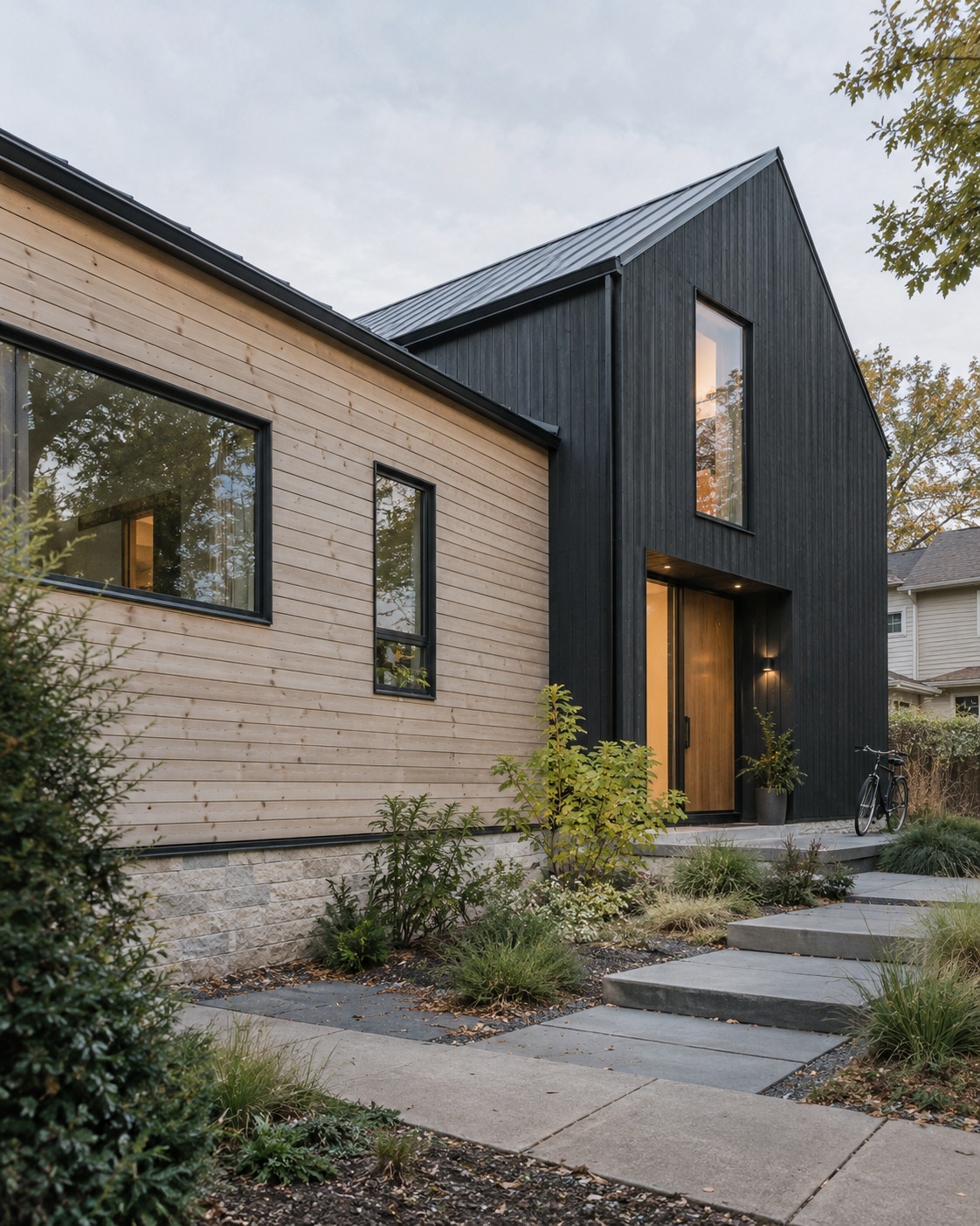 House facade combining pale horizontal siding with a dark vertical entry gable